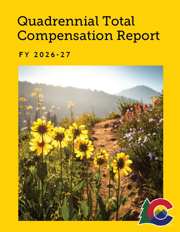 FY 2026-27 State of Colorado Quadrennial Total Compensation Report cover with sun-drenched sunflowers and wildflowers. the image is outlined with a yellow border and the State of Colorado Logo