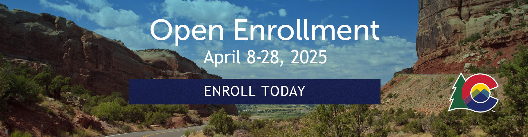 Web banner titled, Open Enrollment, with the open enrollment period date and a button that says, enroll today